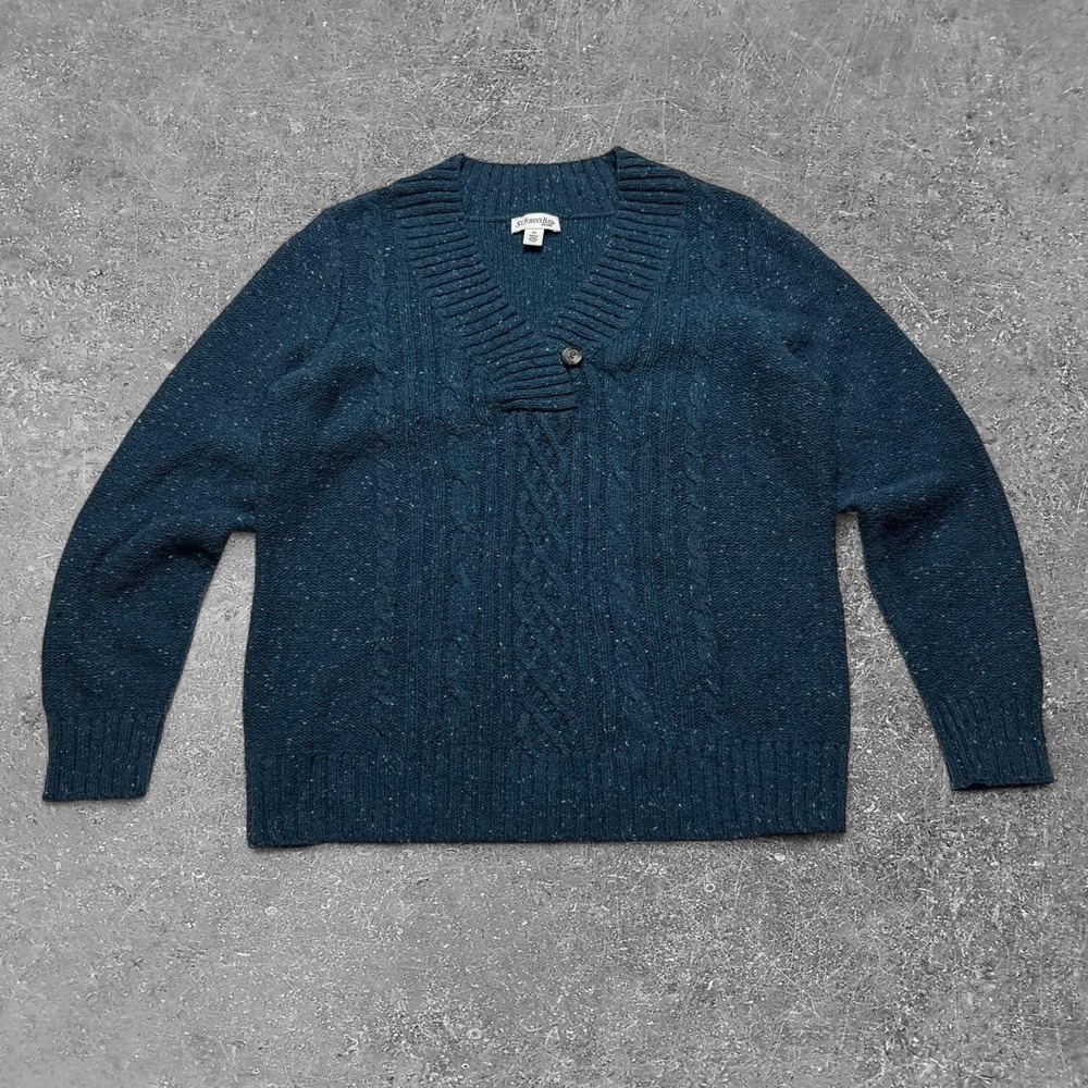 St Johns Bay Womens XL Navy Blue Cable Knit Speckled V-Neck Sweater RN93677
